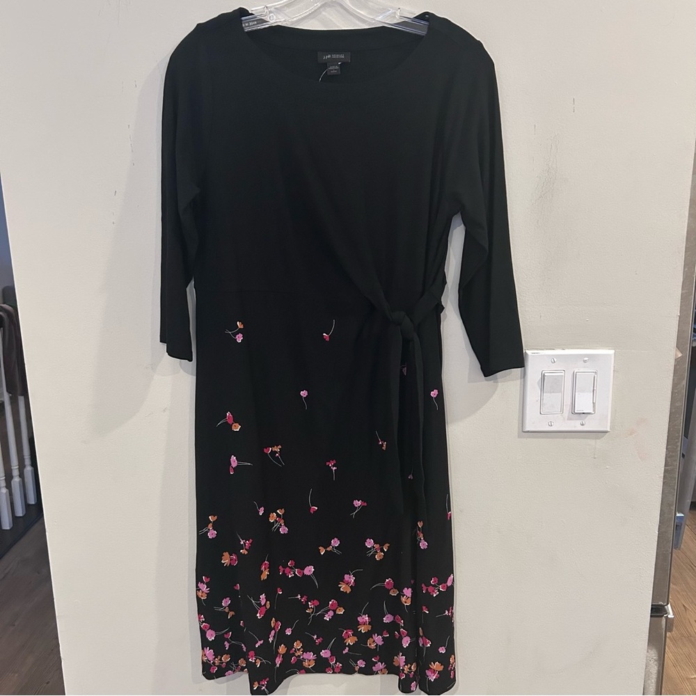 J Jill Wearever Small Petite Faux Wrap Dress Black Side Tie Floral Stretch